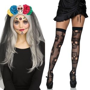 Day Of The Dead Halloween Floral Skull Headband Veil & Stockings Costume Set